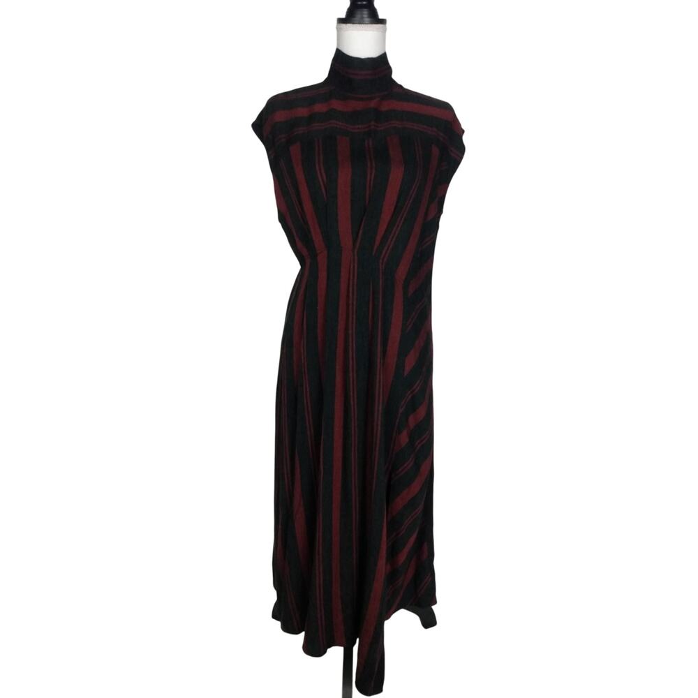 Zara Dress Womans Size Small‎ Red Gray Striped Midi Dress Slit Zipper Mock Neck